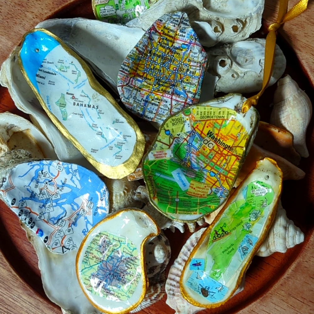 Handcrafted map decoupaged oyster shells pick a city we will make it $15 or2/$25